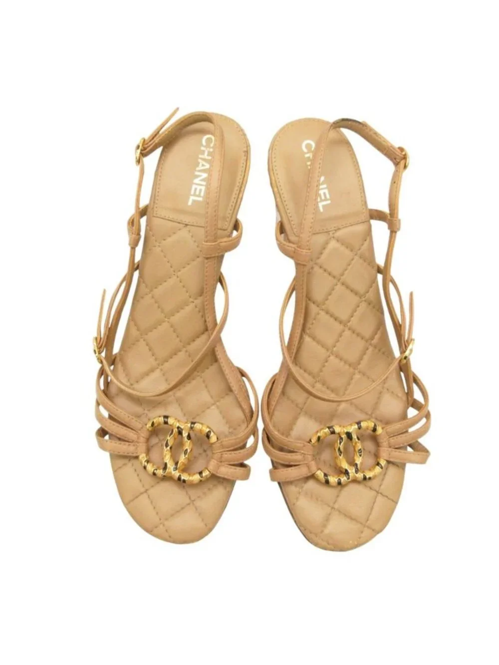 Chanel Sandals Leather Quilted Gold CC Logo Beige